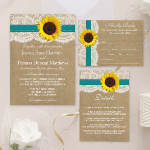 Invitación Colección Kraft, Lace & Sunflower - Verde azulado