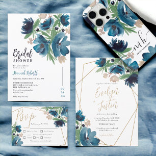 Tarjeta De Confirmación De Asistencia Elegante Boda de color azul polvoriento dorado Flo