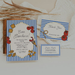 Tarjeta De Recepción Ciao Baby Azul Raya Pasta Italiana Gracias
