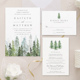 Invitación Todo En Uno Colección de Bodas del bosque de pinos acuarela