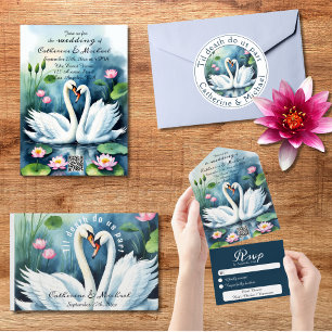 Invitación Todo En Uno Boda de código QR de Lotus Lake