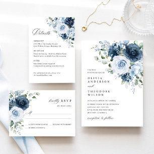 Invitación Boda elegante floral de acuarela azul polvoriento 