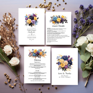Tarjeta De Agradecimiento Boda floral azul, morado, dorado y negro