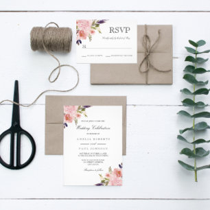 Invitación a la boda rosada púrpura de Watercolor 