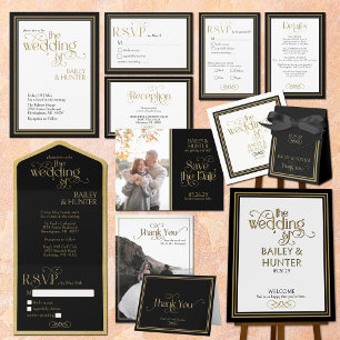 Tarjeta De Agradecimiento Elegante Boda de Tipografía Ornate de Oro Negro