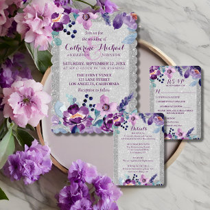 Invitación Boda de Acuarela Floral Morado y Brillo Plateado