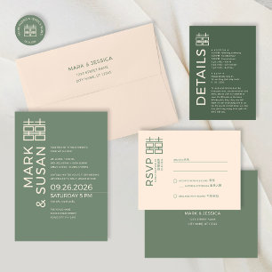Invitación Todo En Uno Boda minimalista moderna vietnamita/inglesa VERDE
