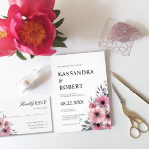 Invitación Boda de anémona gris rosa y floral acuarela