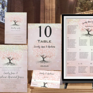 Invitación Todo En Uno Elegante Boda de árbol de hojas de corazón rosado 