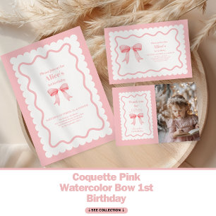 Tarjeta De Agradecimiento Coquette Pink Watercolor Bow Primer Cumpleaños