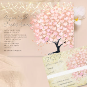 Invitación Mason Jar Pink Rose Gold Heart Leaf Tree