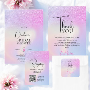 Pegatina Cuadrada Purpurina Púrpura Rosa Bridal Shower Favor Gracias
