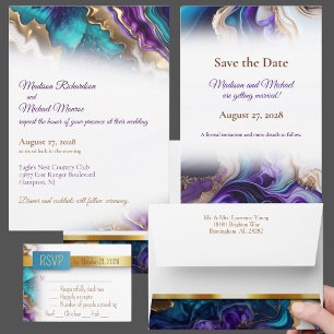 Invitación Boda de oro morado y Aqua elegante