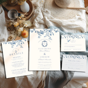 Tarjeta De Agradecimiento Elegante Boda floral azul vintage francés