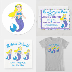 Invitación Blue Purple Ocean Mermaid Bubbles fiesta de cumple