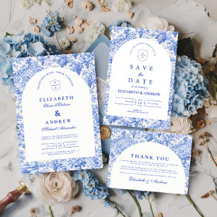 Invitación Porcelana Blanca Azul Atemporal para Bodas