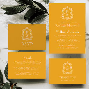 Invitación Escudo Monograma clásico Boda amarillo marrón