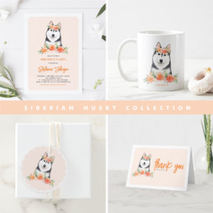 Tarjeta De Agradecimiento Acuarela Siberian Husky Flowers Cumpleaños