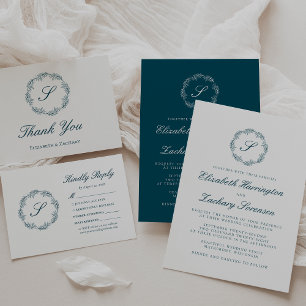 Invitación Teal Blue Monogram Wreath Script Wedding