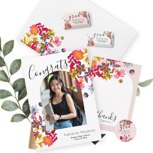 Invitación Con Relieve Metalizado Partido de Graduación de Fotos Florales en Arco Mo