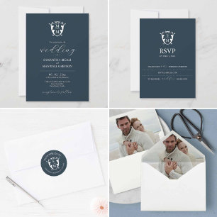 Invitación Boda azul del Personalizable del Escudo del monogr