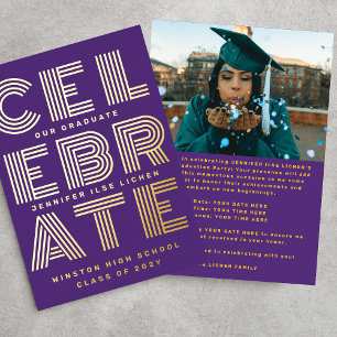 Invitación Con Relieve Metalizado FIESTA MODERNO GRAD   Clase de oro púrpura 2025