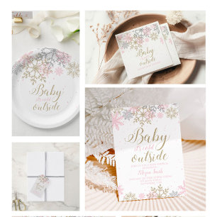 Invitación Baby Shower Purpurina de invierno rosa y dorado co