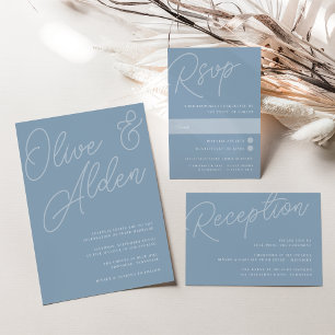 Invitación Azul turbio   Boda de marca de agua de script