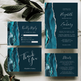 Tarjeta RSVP de matrimonio negro de plata Verde az