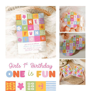 Pegatina Redonda Uno Es Divertido Cumpleaños Colorido de Niñas 1er 