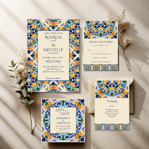 Invitación Talavera azulejo azulejo azul vintage boda mexican