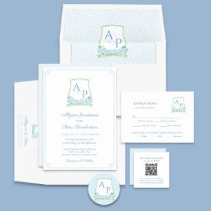 Tarjeta De Recepción QR Código azul pálido Sap Verde Boda Monograma RSV