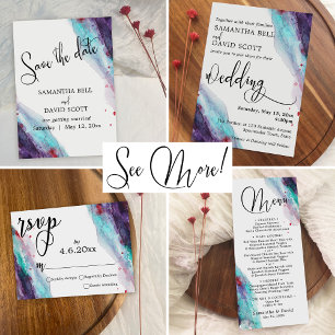 Tarjeta De Confirmación De Asistencia Boda acuarela color púrpura rojo Aqua Abstract RSV