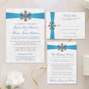 Invitación Con Relieve Metalizado Boda de Invierno Diamante Snowflake & Blue Ribbon