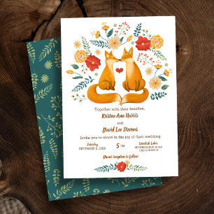 Invitación Boda de follaje floral de zorros románticos
