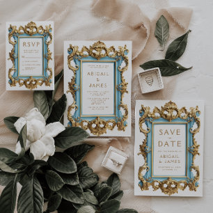 Invitación de boda con marco vintage rococó azul y