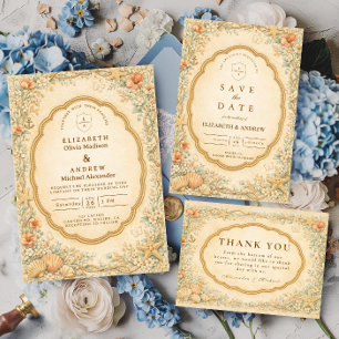 Invitación Boda de Jardín Vintage Costero de Conchas Marinas