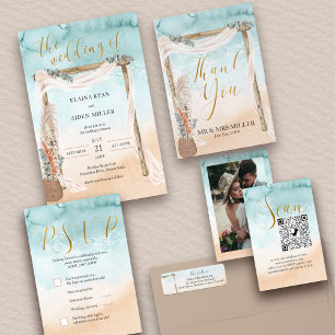 Tarjeta De Recepción Foto Online RSVP QR Code Beach Wedding