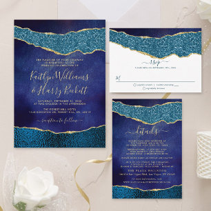 Invitación Con Relieve Metalizado Elegante Boda de la Marina Azul y del Oro Agate Re