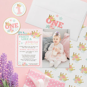 Pegatina Redonda Princesa Rosa "Una" Niña Heredera Primer Cumpleaño