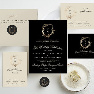 Invitación Crema formal y Monograma negro Boda de guirnaldas 