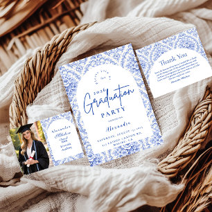 Tarjeta De Agradecimiento Fiesta de Graduación Botánica Azul Vintage