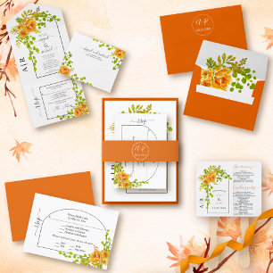 Invitación Flores naranjas, arco y boda de otoño con monogram