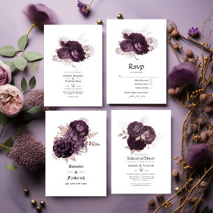 Invitación Código QR de Boda floral dorado morado oscuro y Ro