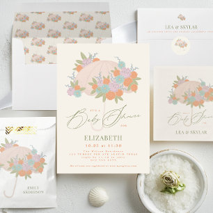 Pegatina Redonda Elegante paraguas floral Monograma Baby Shower