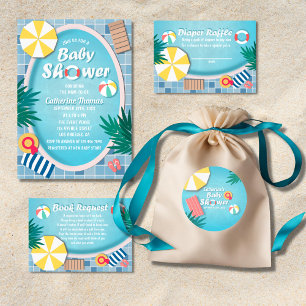 Pegatina Redonda Fiesta de piscina tropical Baby Shower verano