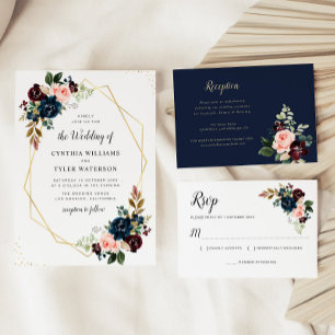 Invitación boda floral dorado geométrico burgundy & nave