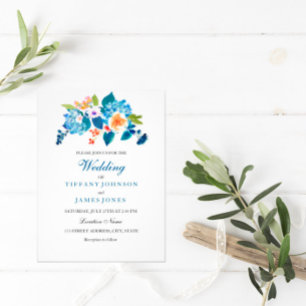 Elegante Invitación a la Boda Floral Azul y Peach