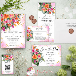 Invitación Todo En Uno Floral Floral Bouquet tropical rosa y Naranja