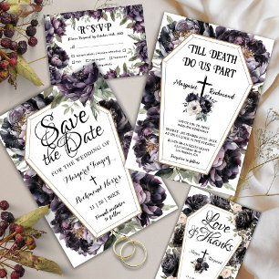 Tarjeta de sobre de boda de peonía negra de ataúd 